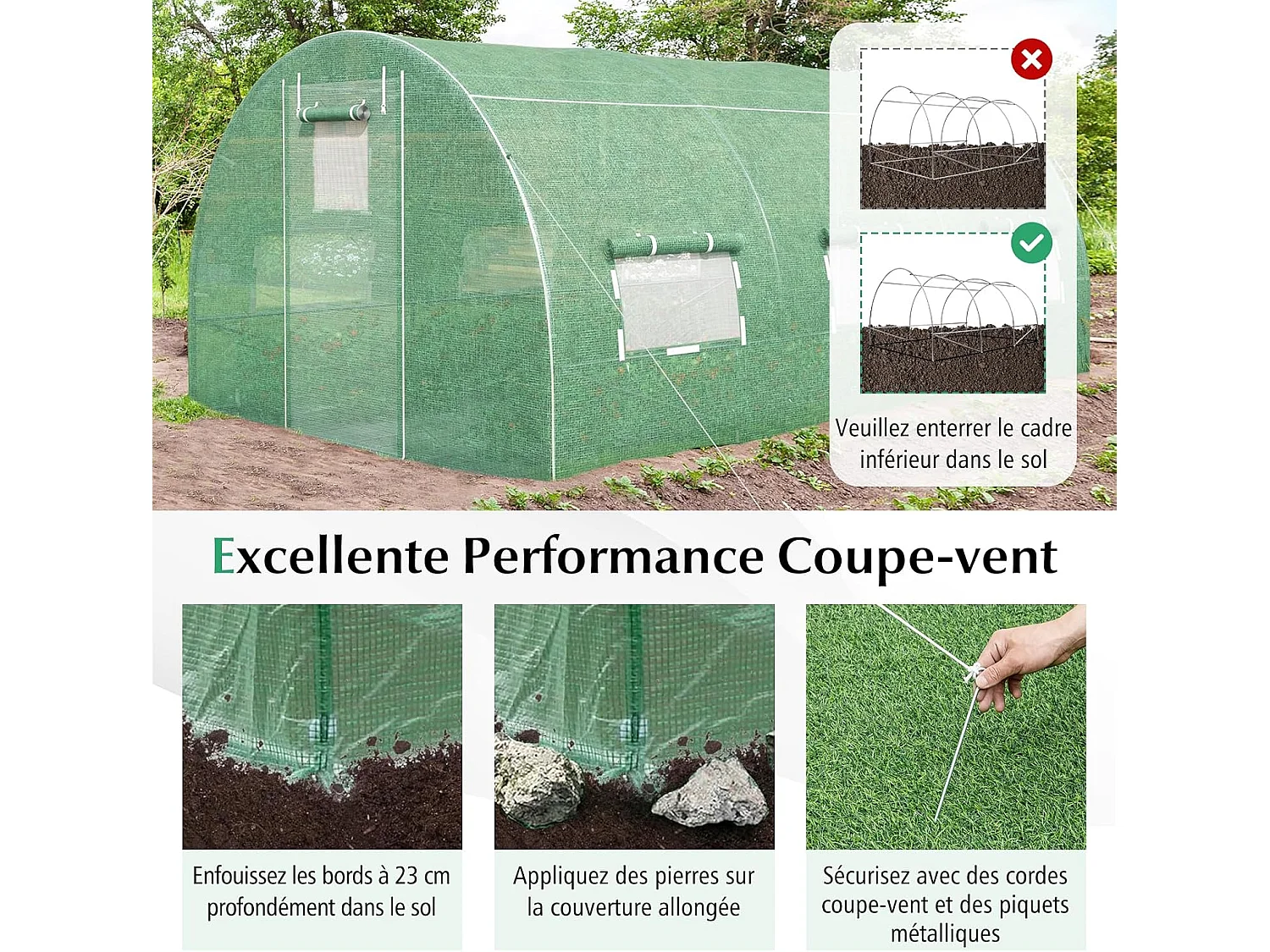 Serre de Jardin Tunnel 600x300x200 CM Cadre en Acier Galvanisé Robuste, Serre Tunnel Coupe-Vent avec Cerceau 6 Fenêtres Enroulables 2 Portes Zippées