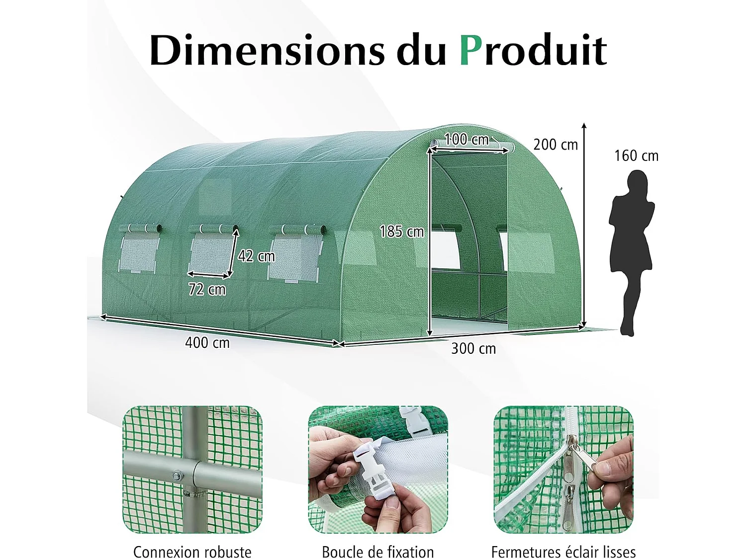Serre de Jardin Tunnel 600x300x200 CM Cadre en Acier Galvanisé Robuste, Serre Tunnel Coupe-Vent avec Cerceau 6 Fenêtres Enroulables 2 Portes Zippées