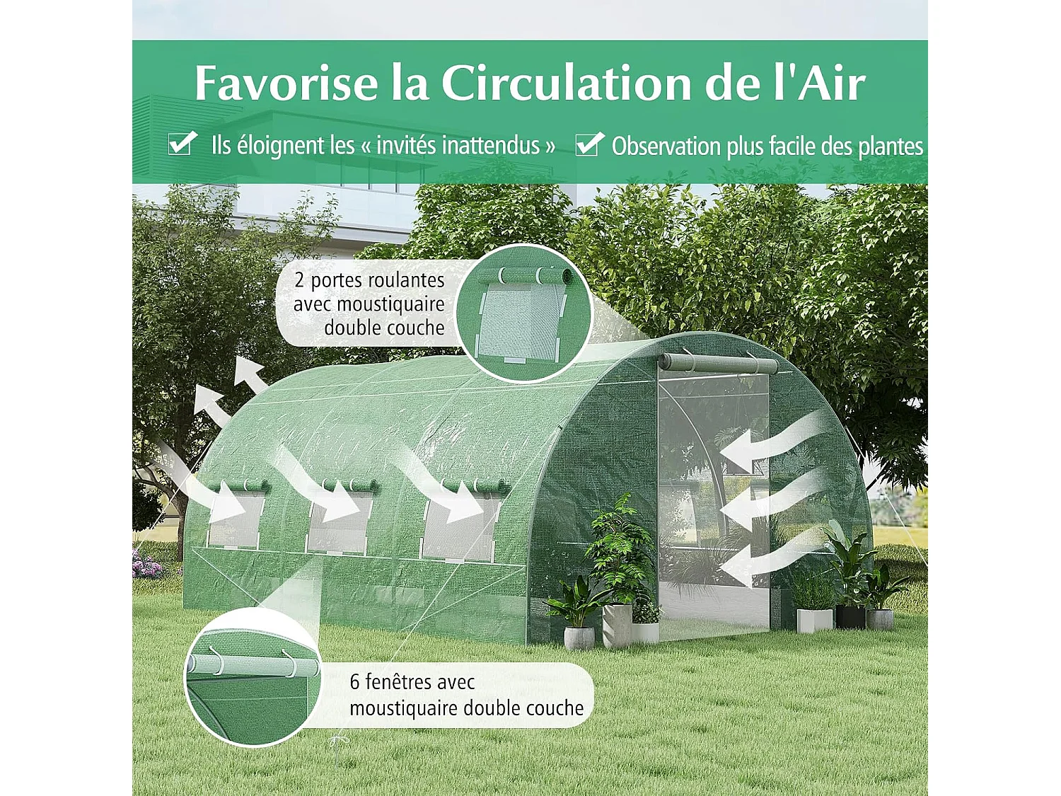 Serre de Jardin Tunnel 600x300x200 CM Cadre en Acier Galvanisé Robuste, Serre Tunnel Coupe-Vent avec Cerceau 6 Fenêtres Enroulables 2 Portes Zippées