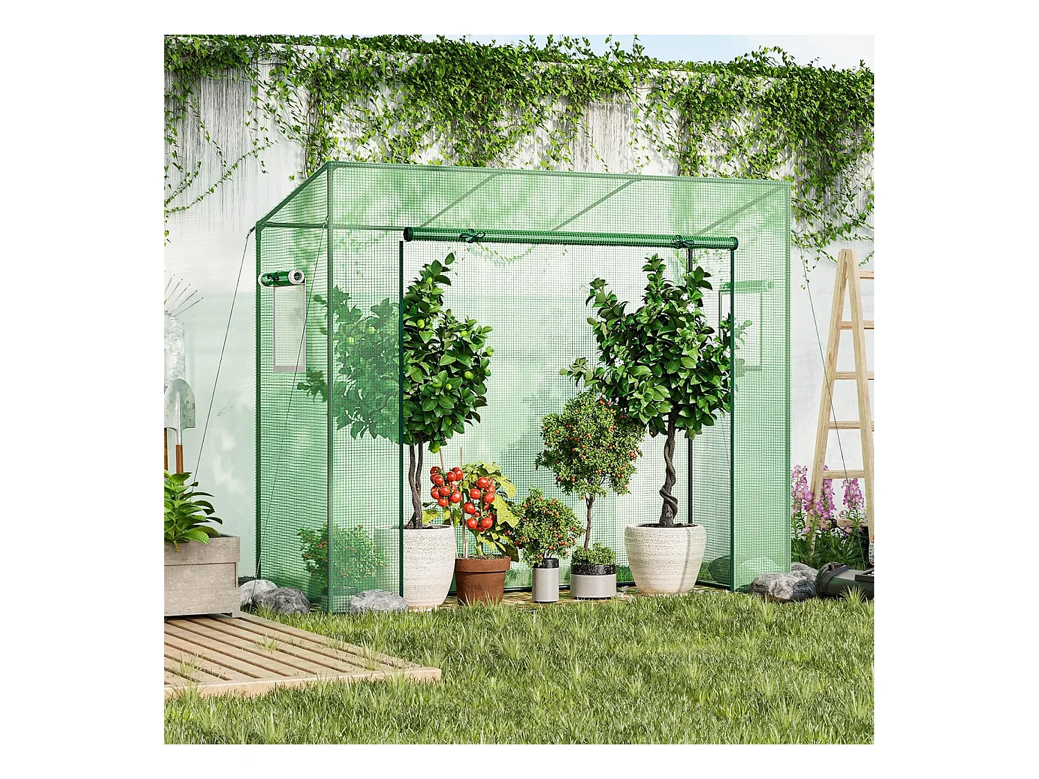 Broeikas, foliekas met oprolbare deur en 2 netramen, tomatenkas met PE-afdekking, broeikas voor tomaten, tomatenkas metalen frame, 200x77x169cm, groen