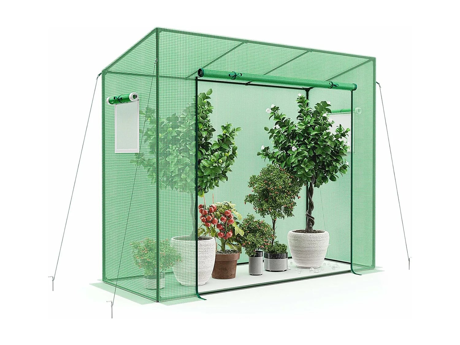 Broeikas, foliekas met oprolbare deur en 2 netramen, tomatenkas met PE-afdekking, broeikas voor tomaten, tomatenkas metalen frame, 200x77x169cm, groen