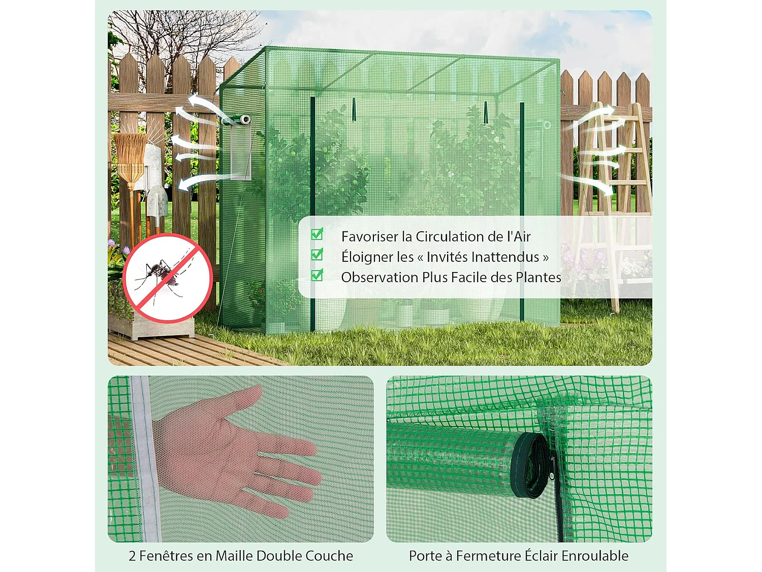 Broeikas, foliekas met oprolbare deur en 2 netramen, tomatenkas met PE-afdekking, broeikas voor tomaten, tomatenkas metalen frame, 200x77x169cm, groen