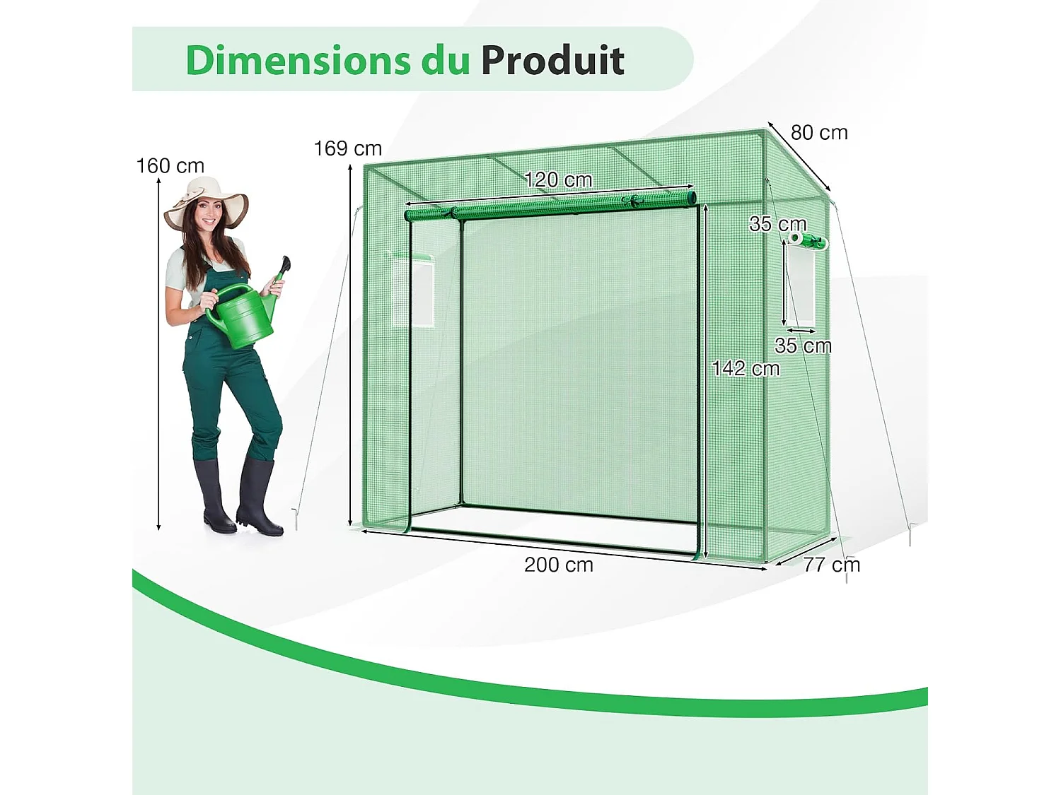 Broeikas, foliekas met oprolbare deur en 2 netramen, tomatenkas met PE-afdekking, broeikas voor tomaten, tomatenkas metalen frame, 200x77x169cm, groen