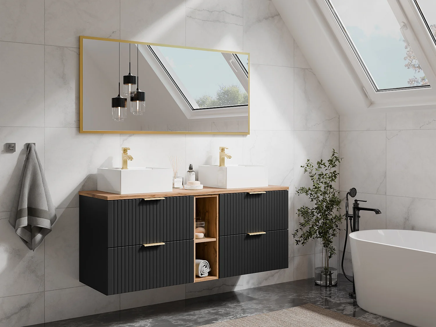 Meuble sous vasque suspendu strié avec niches - Noir et naturel clair - L140 cm - ZEVARA