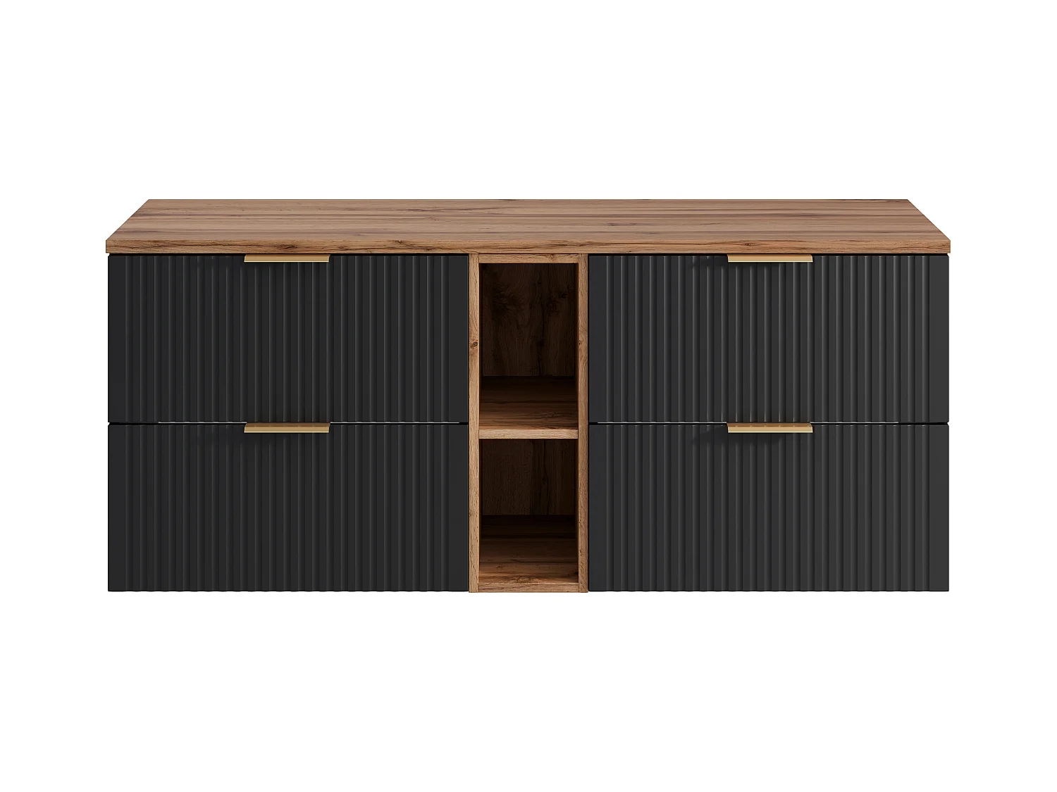 Mueble suspendido estriado bajo lavabo con estantes - Negro y natural claro - L140 cm - ZEVARA