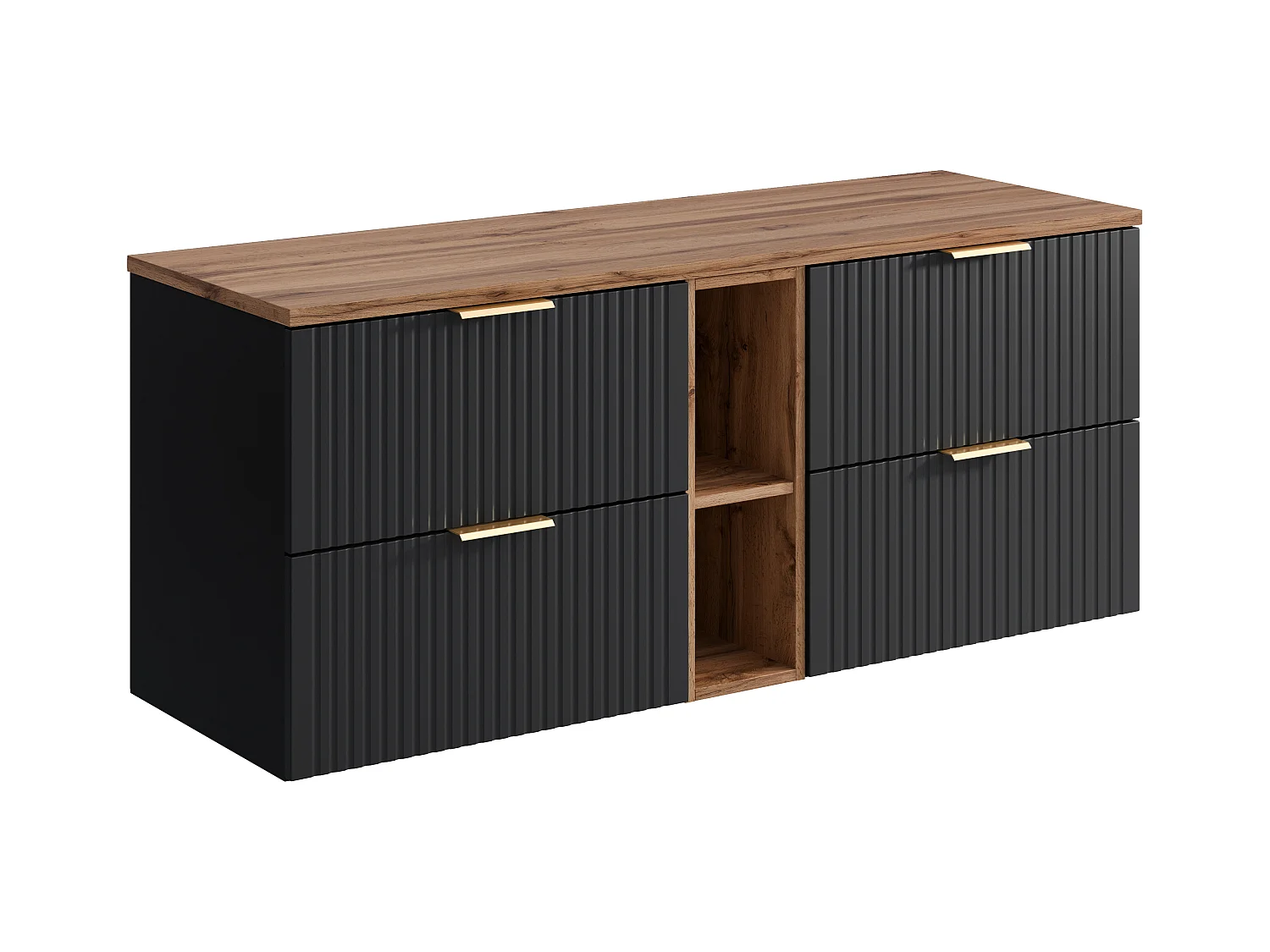 Mueble suspendido estriado bajo lavabo con estantes - Negro y natural claro - L140 cm - ZEVARA