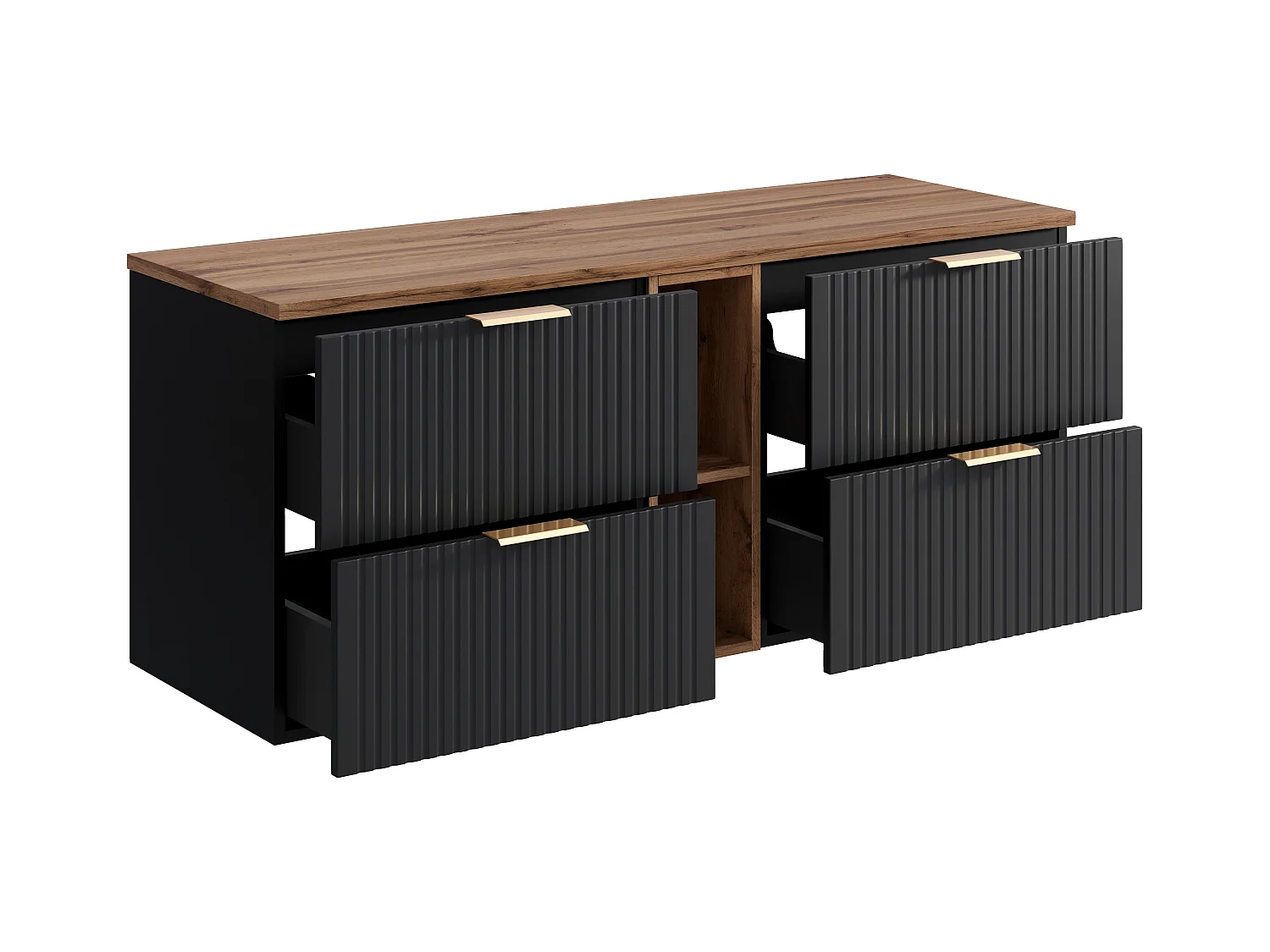 Mueble suspendido estriado bajo lavabo con estantes - Negro y natural claro - L140 cm - ZEVARA