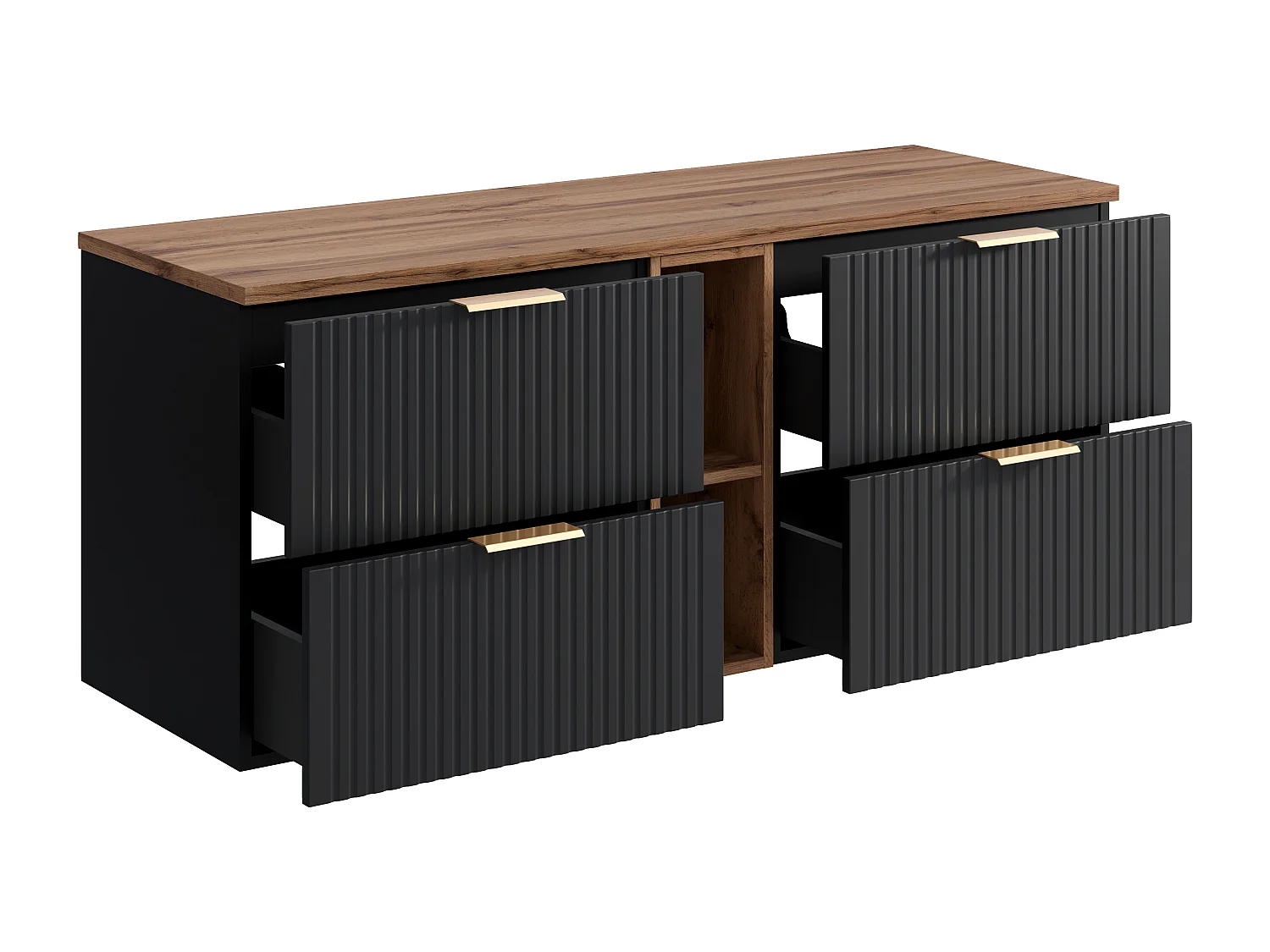 Mueble suspendido estriado bajo lavabo con estantes - Negro y natural claro - L140 cm - ZEVARA