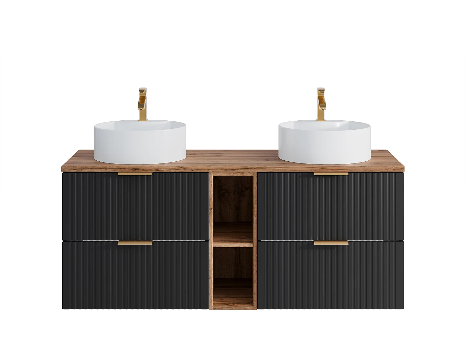 Mueble de baño suspendido estriado con estantes y lavabo redondo sobre encimera - Negro y natural claro - L140 cm - ZEVARA