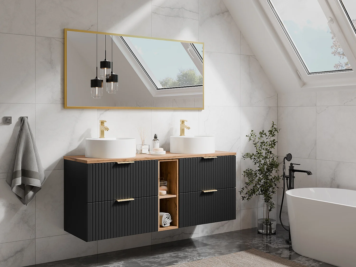 Meuble de salle de bain suspendu strié avec niches et double vasque à poser ronde - Noir et naturel clair - L140 cm - ZEVARA