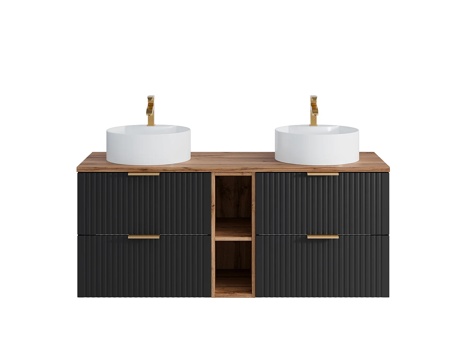 Móvel de casa de banho suspenso estriado com nichos e lavatório duplo de pousar redondo preto e natural claro C140 cm - ZEVARA