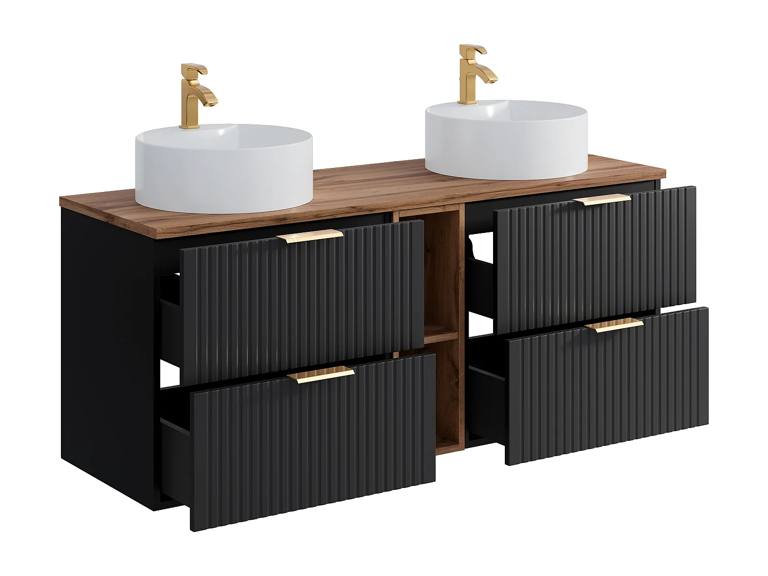 Mobile per bagno sospeso con scanalature nicchie lavabo doppio appoggio tondo L140cm Nero naturale chiaro - ZEVARA