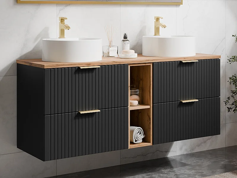 Mobile per bagno sospeso con scanalature nicchie lavabo doppio appoggio tondo L140cm Nero naturale chiaro - ZEVARA