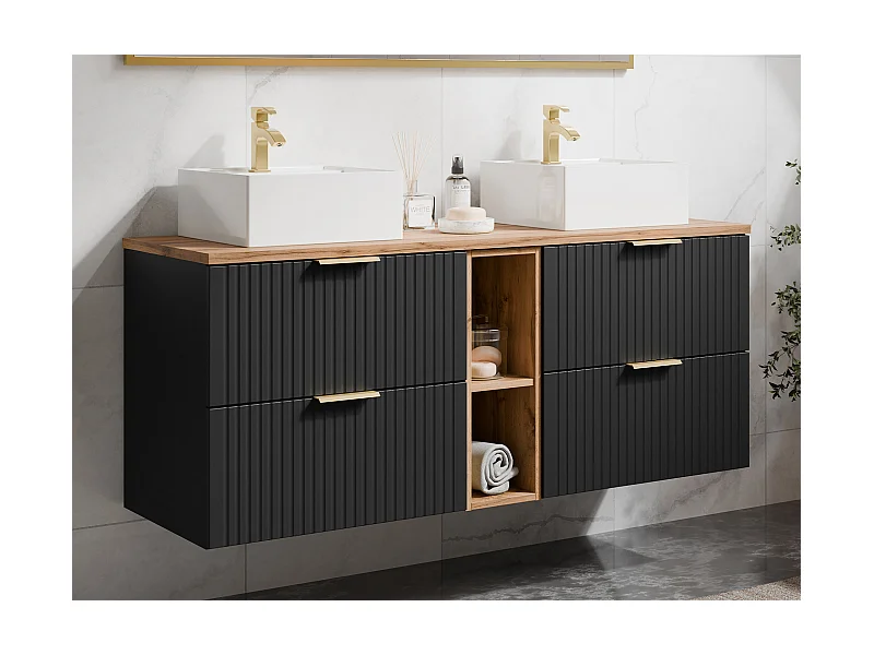 Mueble de baño suspendido con estantes y lavabo cuadrado sobre encimera - Negro y natural claro - L140 cm - ZEVARA