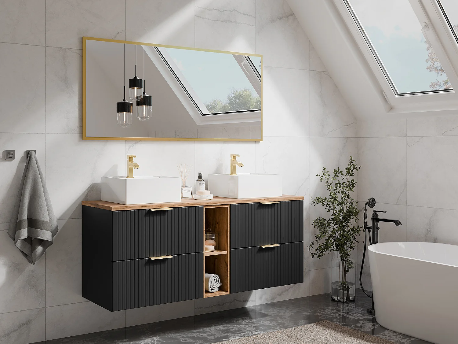 Meuble de salle de bain suspendu strié avec niches et double vasque à poser carrée - Noir et naturel clair - L140 cm - ZEVARA