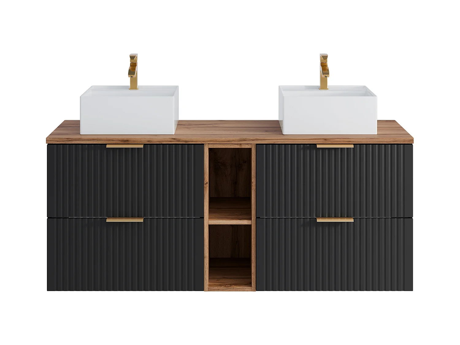 Mueble de baño suspendido con estantes y lavabo cuadrado sobre encimera - Negro y natural claro - L140 cm - ZEVARA