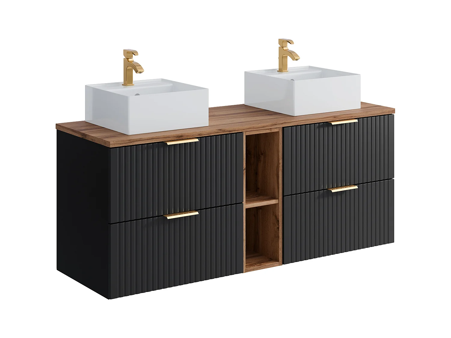 Mueble de baño suspendido con estantes y lavabo cuadrado sobre encimera - Negro y natural claro - L140 cm - ZEVARA