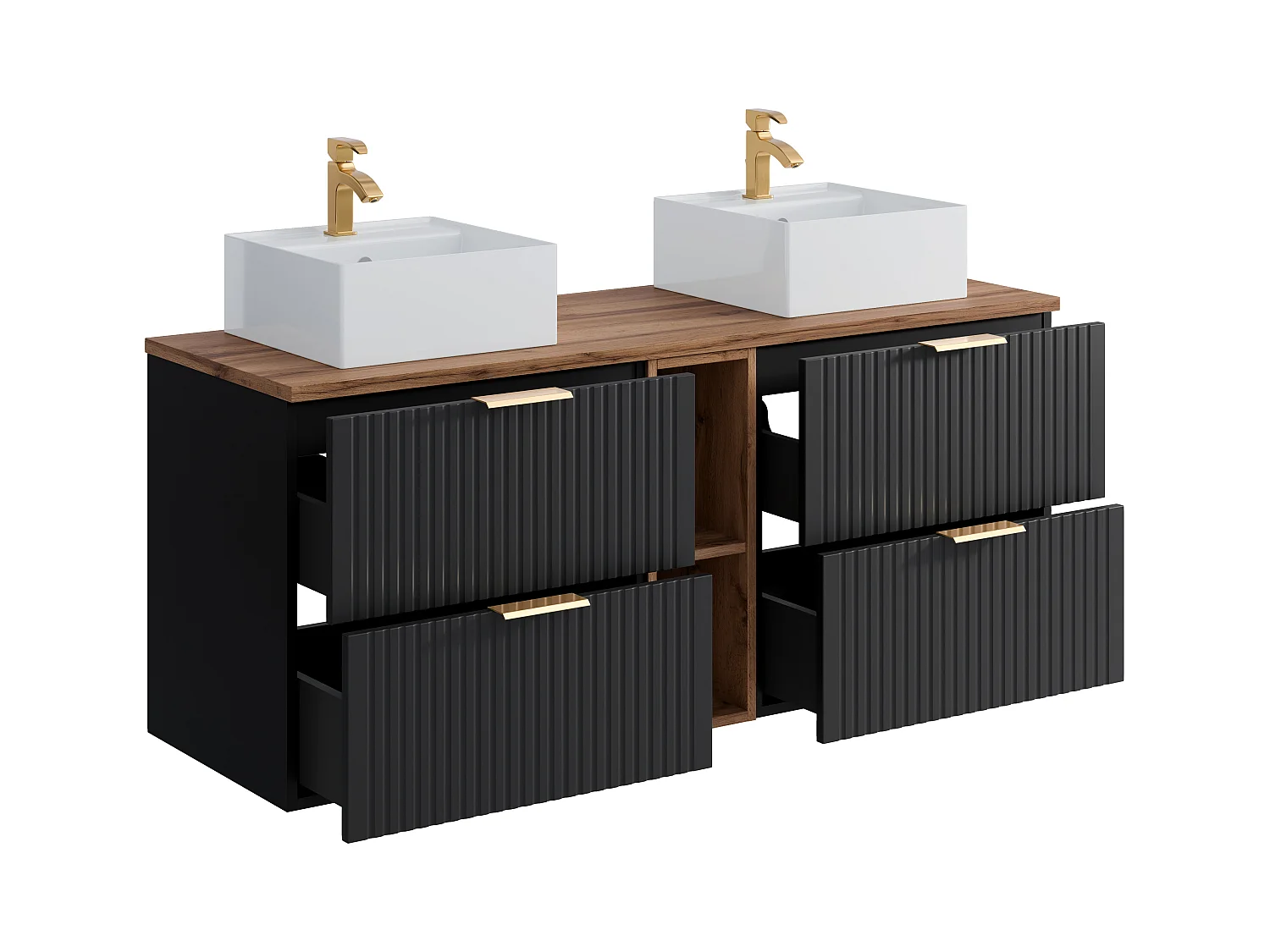 Mueble de baño suspendido con estantes y lavabo cuadrado sobre encimera - Negro y natural claro - L140 cm - ZEVARA