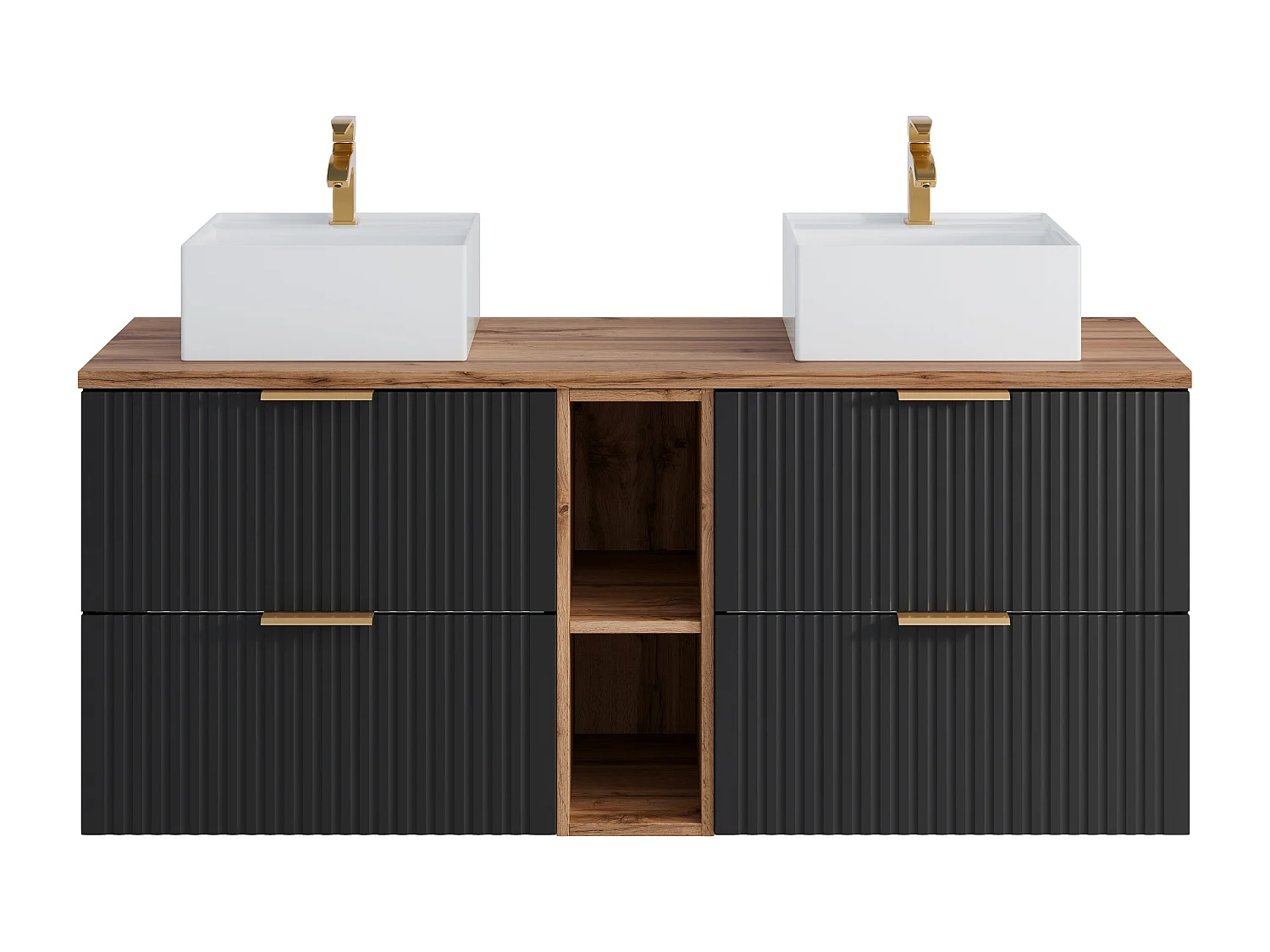 Mueble de baño suspendido con estantes y lavabo cuadrado sobre encimera - Negro y natural claro - L140 cm - ZEVARA