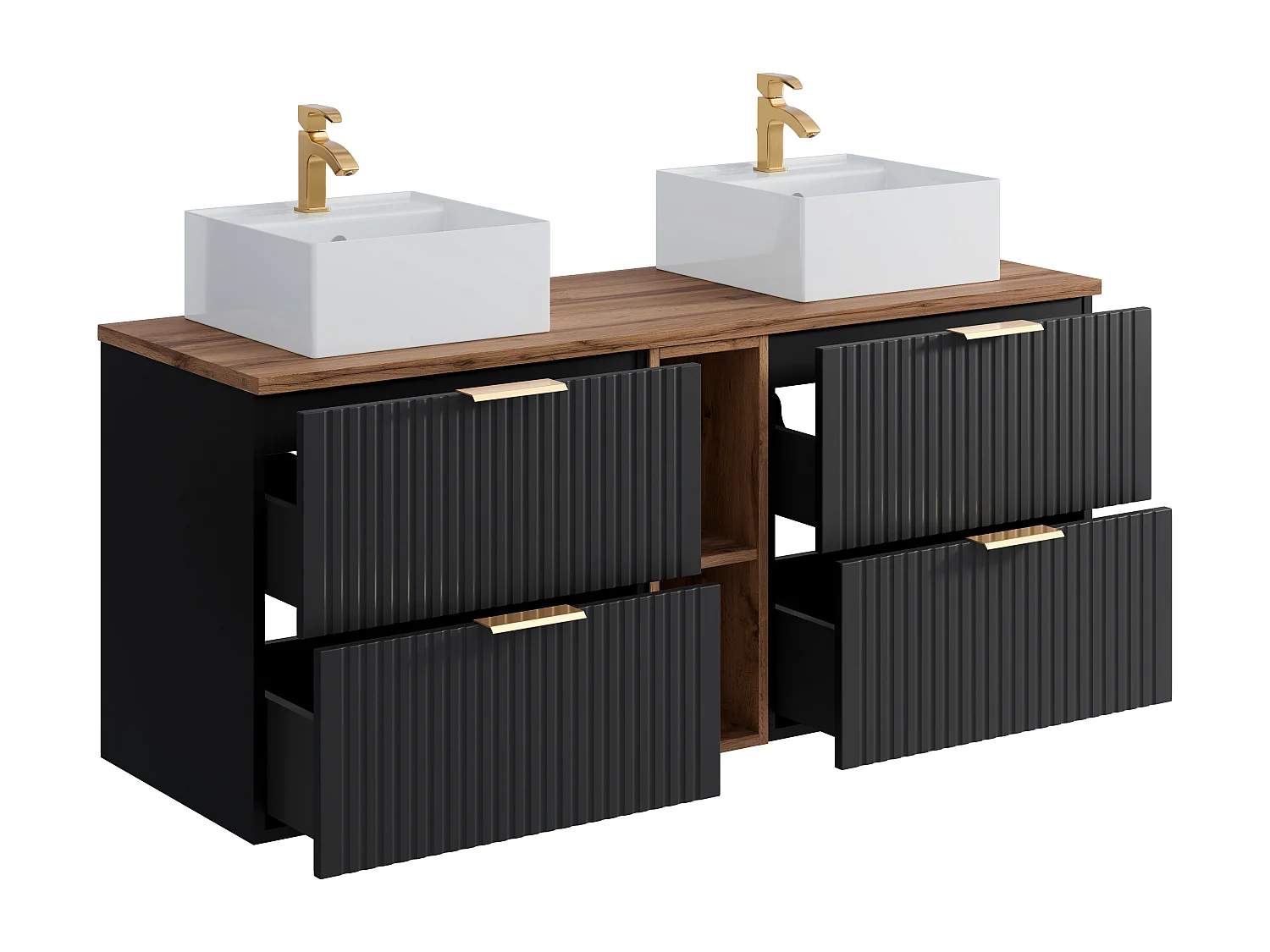 Mueble de baño suspendido con estantes y lavabo cuadrado sobre encimera - Negro y natural claro - L140 cm - ZEVARA