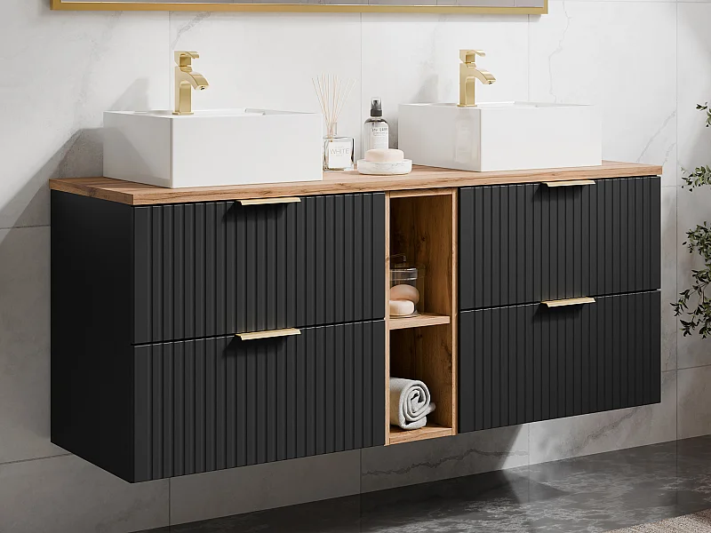 Mueble de baño suspendido con estantes y lavabo cuadrado sobre encimera - Negro y natural claro - L140 cm - ZEVARA