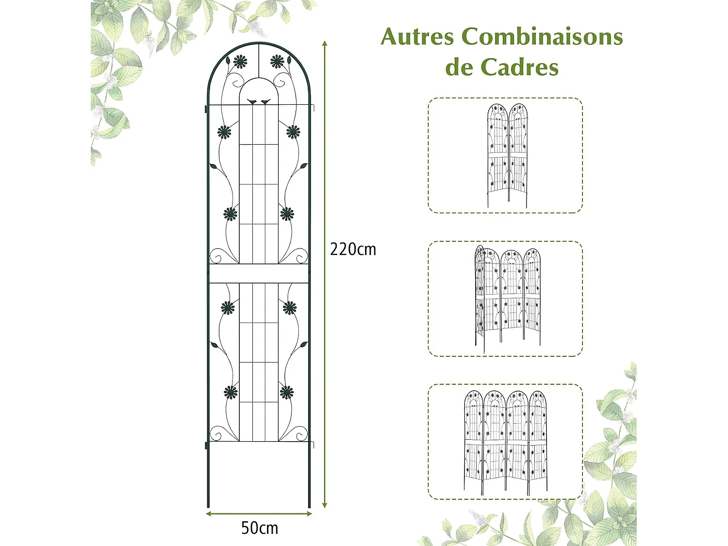 Lot de 2 Treillis de Jardin en Métal 220 x 50 cm, Clôture Décorative pour Plante Grimpante, Grille Fleurs Antirouille pour Jardin, Cour, Patio (Vert)