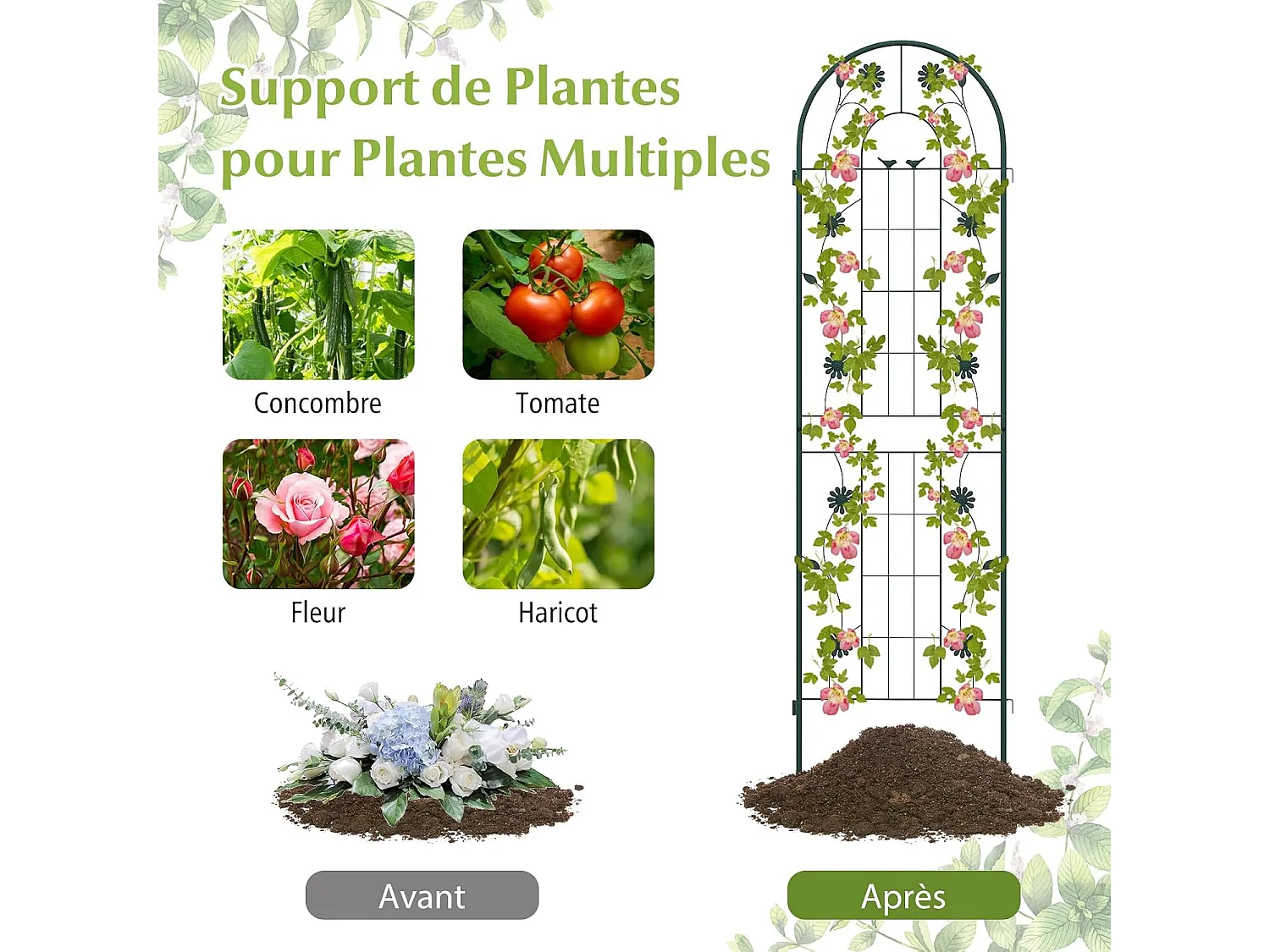 Lot de 2 Treillis de Jardin en Métal 220 x 50 cm, Clôture Décorative pour Plante Grimpante, Grille Fleurs Antirouille pour Jardin, Cour, Patio (Vert)