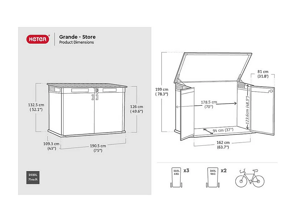 Cassa da giardino in resina BROSSIUM - 2100L - Grigio