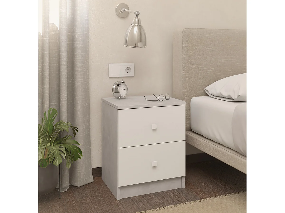 Table de chevet, table de nuit avec 2 tiroirs coloris ciment, blanc - Hauteur 50 x Longueur 40 x profondeur 35 cm