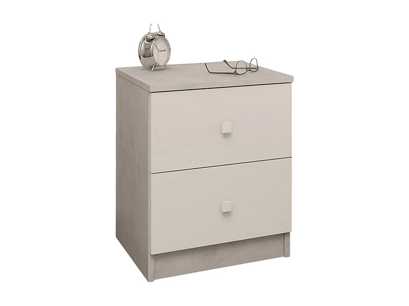 Table de chevet, table de nuit avec 2 tiroirs coloris ciment, blanc - Hauteur 50 x Longueur 40 x profondeur 35 cm