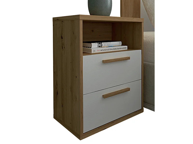 Table de chevet, table de nuit coloris chêne Albar, blanc - Hauteur 64 x Longueur 48 x profondeur 33 cm