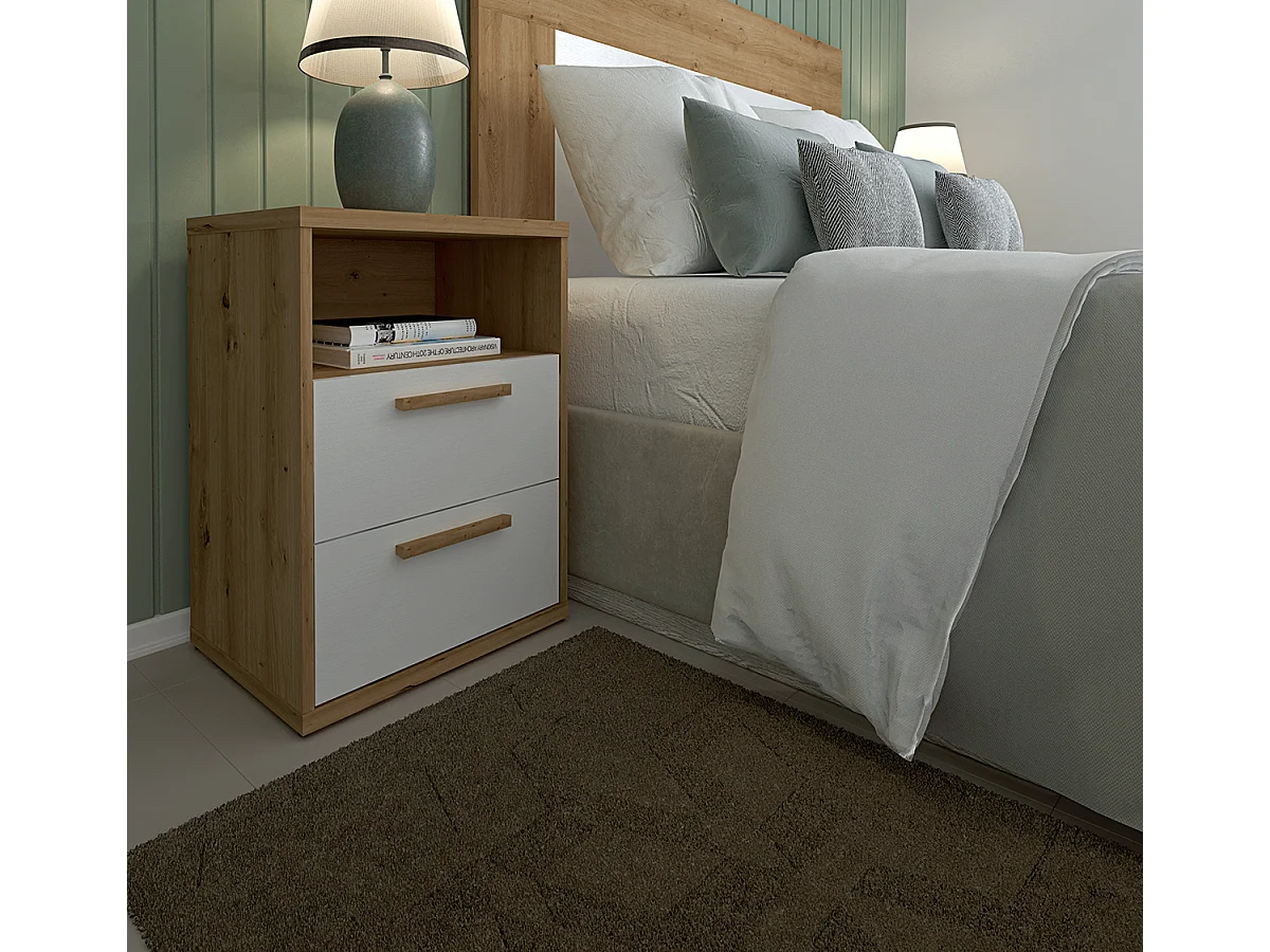 Table de chevet, table de nuit coloris chêne Albar, blanc - Hauteur 64 x Longueur 48 x profondeur 33 cm