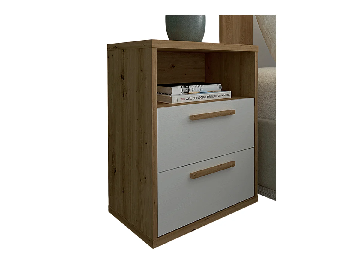 Table de chevet, table de nuit coloris chêne Albar, blanc - Hauteur 64 x Longueur 48 x profondeur 33 cm