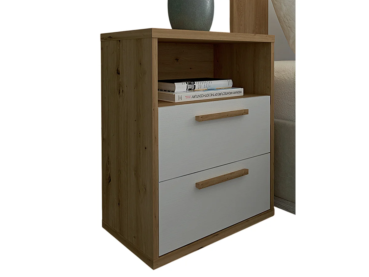 Table de chevet, table de nuit coloris chêne Albar, blanc - Hauteur 64 x Longueur 48 x profondeur 33 cm