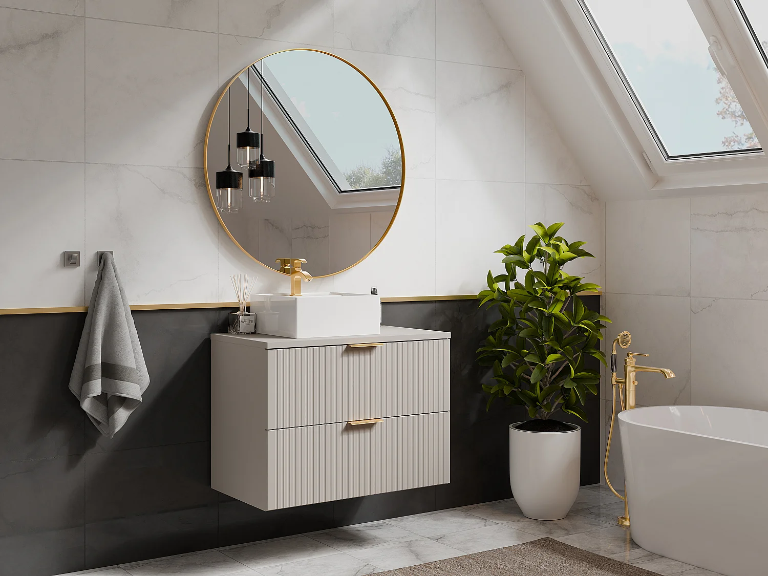 Meuble sous vasque suspendu strié avec planche - Beige - L80 cm - ZEVARA