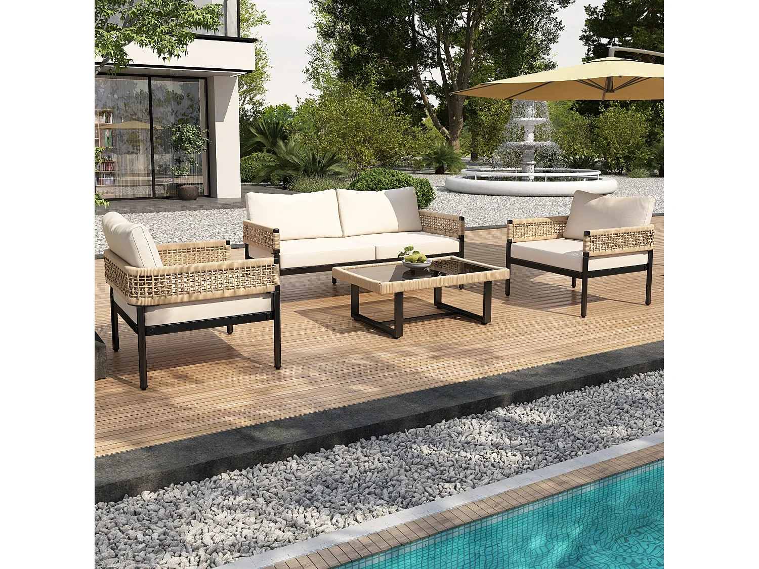 URBAN MEUBLE Ensemble de salon de jardin 4 pieces beige avec coussins