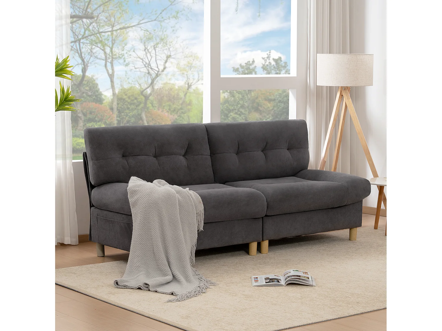 URBAN MEUBLE Canapé velours teddy gris 2 places pieds bois