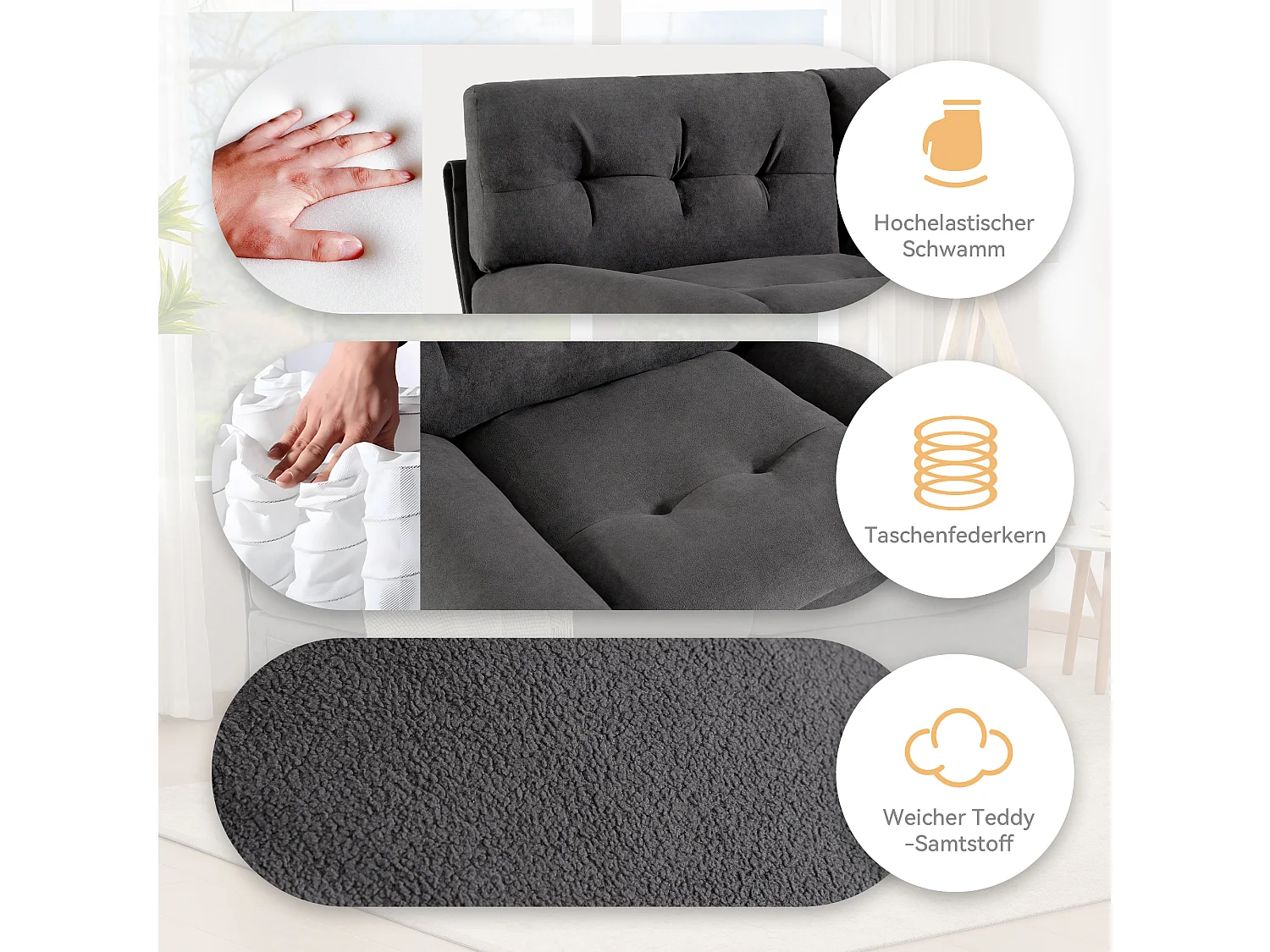 URBAN MEUBLE Canapé velours teddy gris 2 places pieds bois