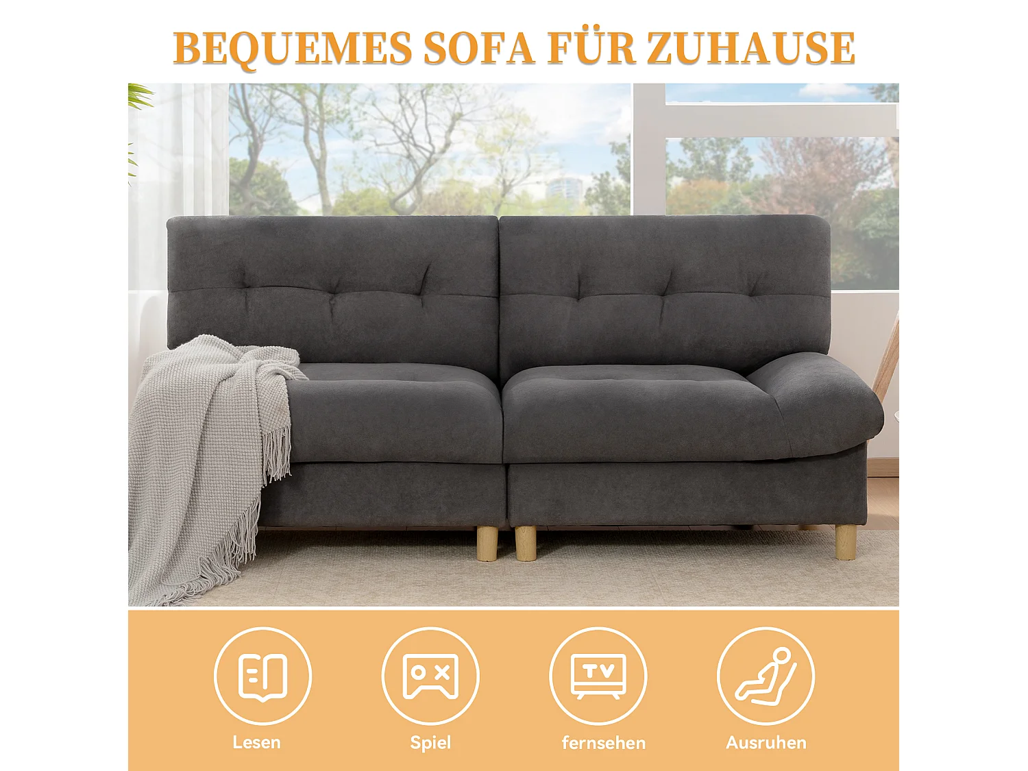 URBAN MEUBLE Canapé velours teddy gris 2 places pieds bois