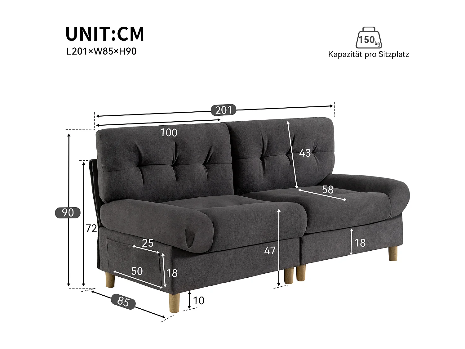 URBAN MEUBLE Canapé velours teddy gris 2 places pieds bois