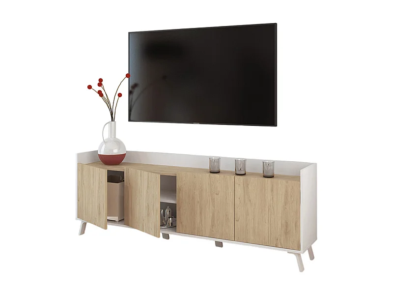 Meuble TV, meuble de salon avec 4 portes coloris blanc, chêne -  Hauteur 63 x Longueur 180 x profondeur 33 cm
