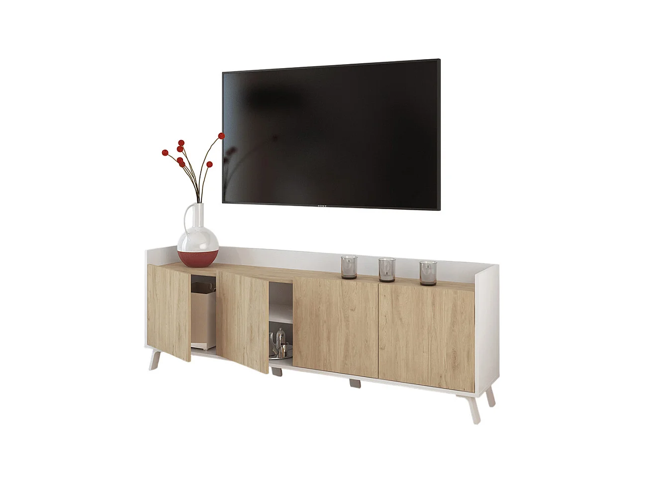 Meuble TV, meuble de salon avec 4 portes coloris blanc, chêne -  Hauteur 63 x Longueur 180 x profondeur 33 cm
