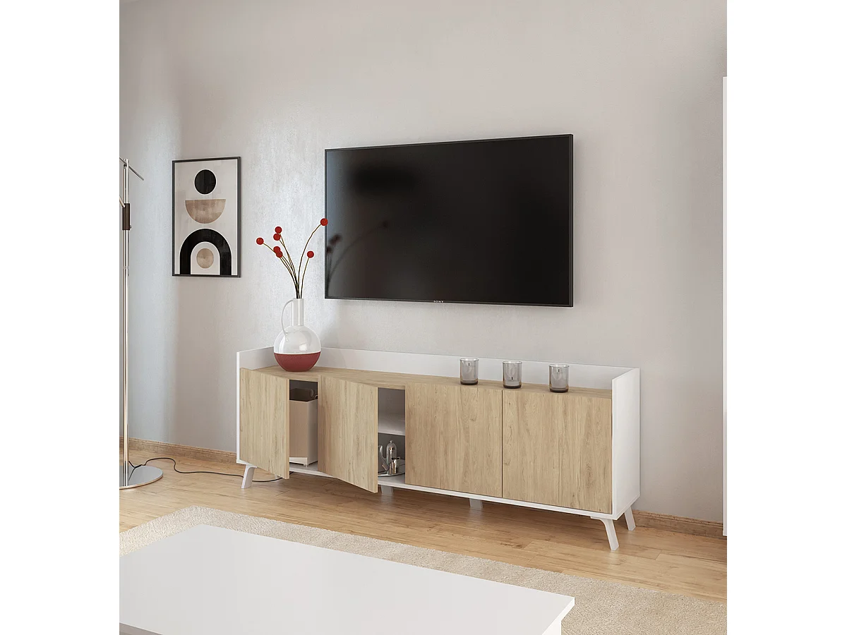 Meuble TV, meuble de salon avec 4 portes coloris blanc, chêne -  Hauteur 63 x Longueur 180 x profondeur 33 cm