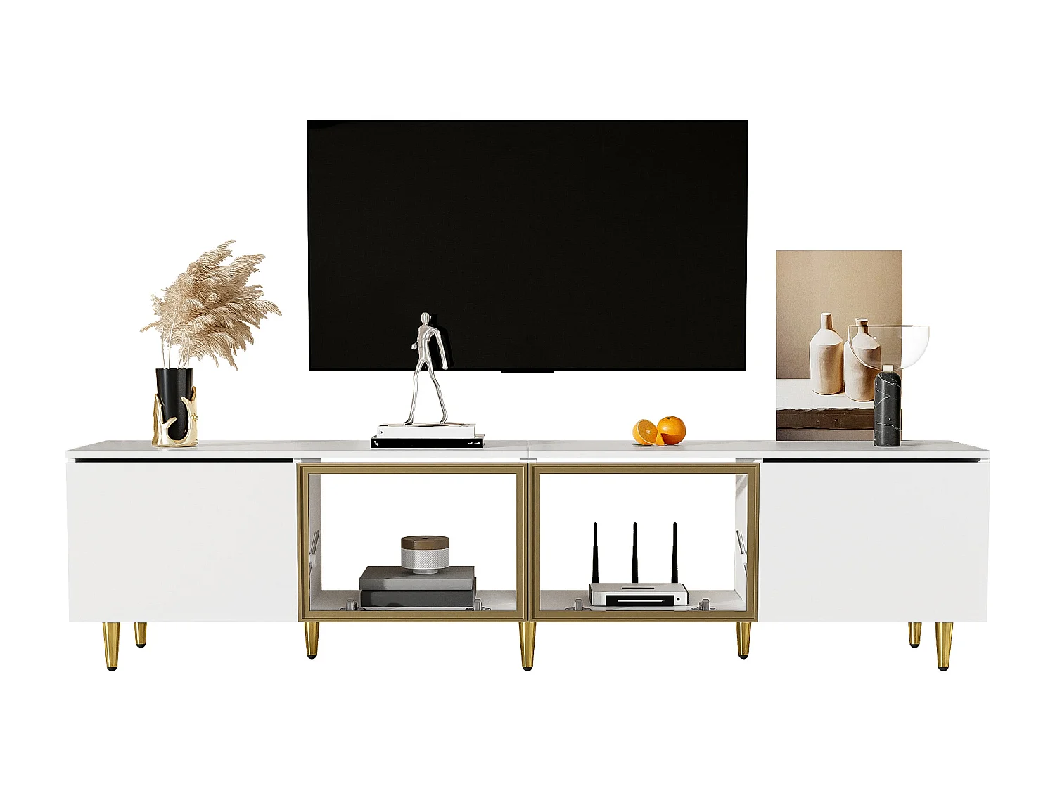 URBAN MEUBLE Meuble TV minimaliste blanc dorés 4 portes (2 portes en verre)