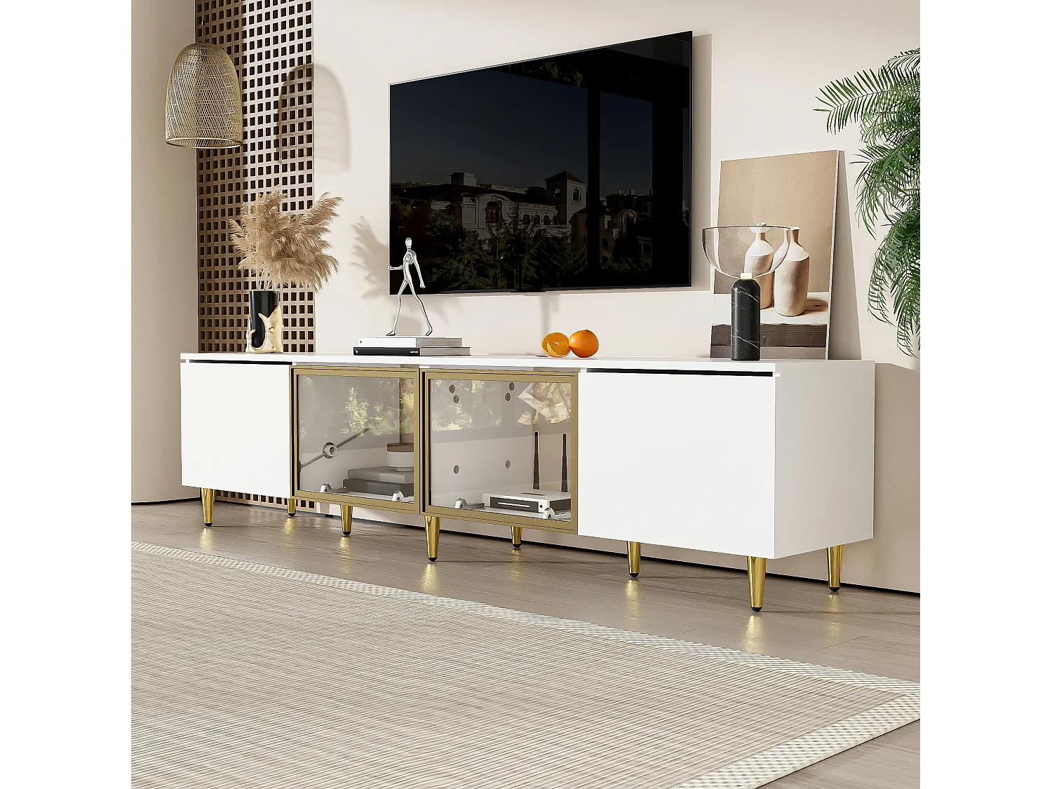 URBAN MEUBLE Meuble TV minimaliste blanc dorés 4 portes (2 portes en verre)