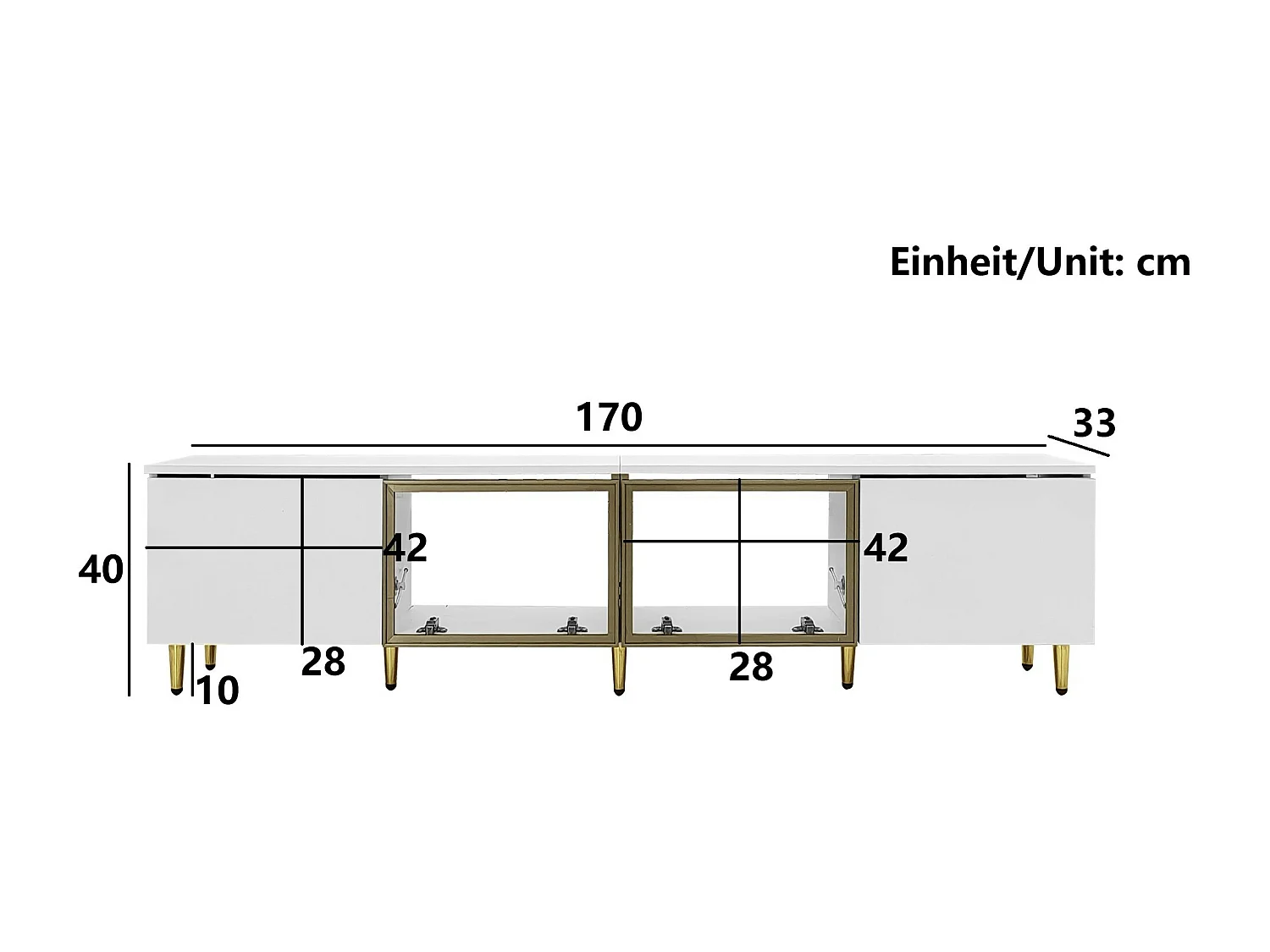 URBAN MEUBLE Meuble TV minimaliste blanc dorés 4 portes (2 portes en verre)