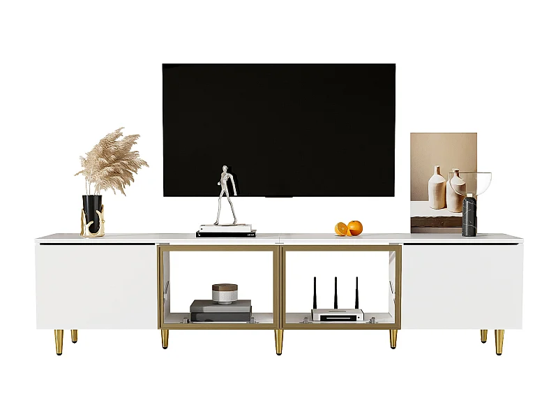 URBAN MEUBLE Meuble TV minimaliste blanc dorés 4 portes (2 portes en verre)