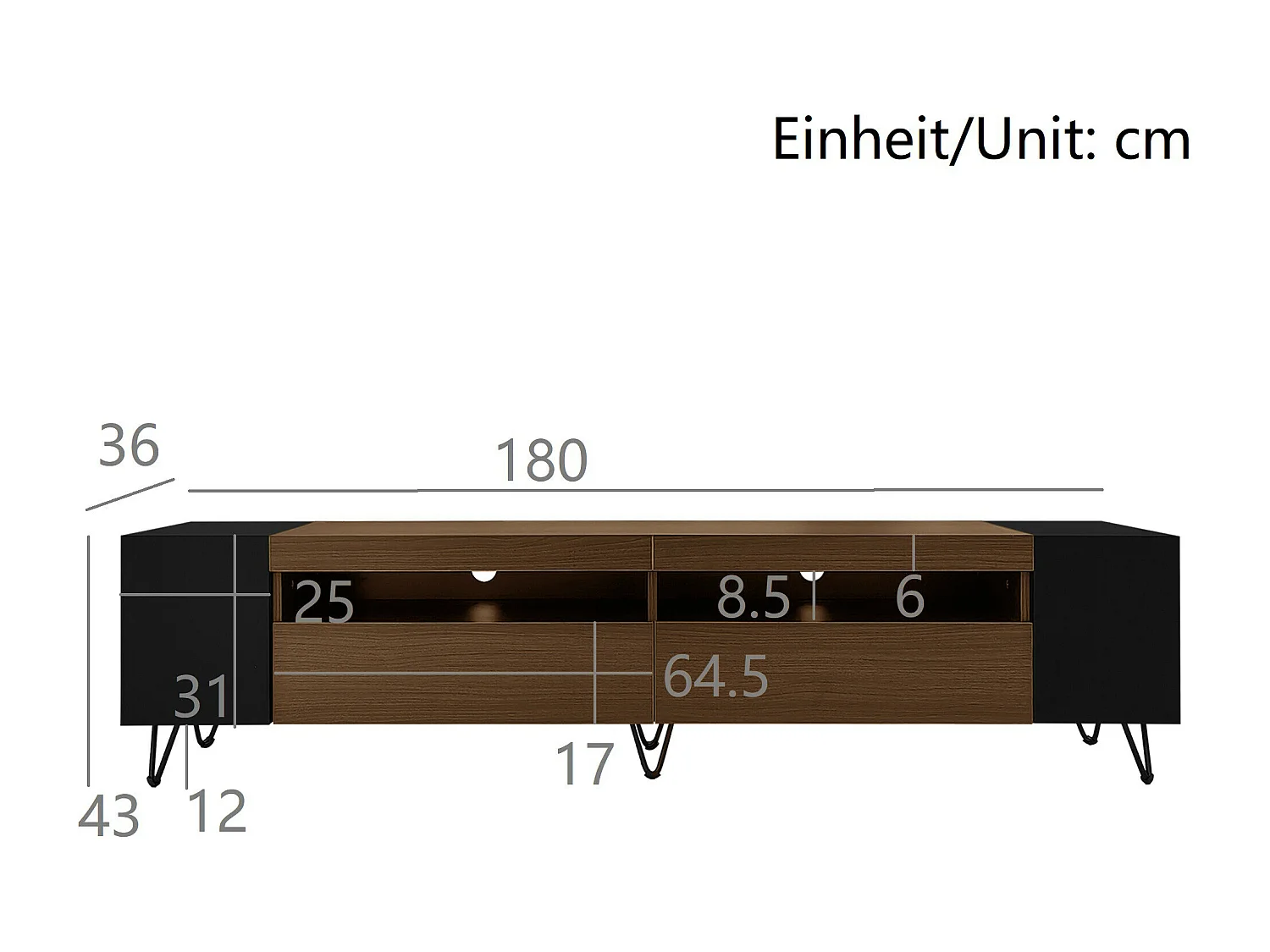 URBAN MEUBLE Meuble TV noir et effet bois 2 porte battantes étagère ouvertes cotés 180*36*43cm