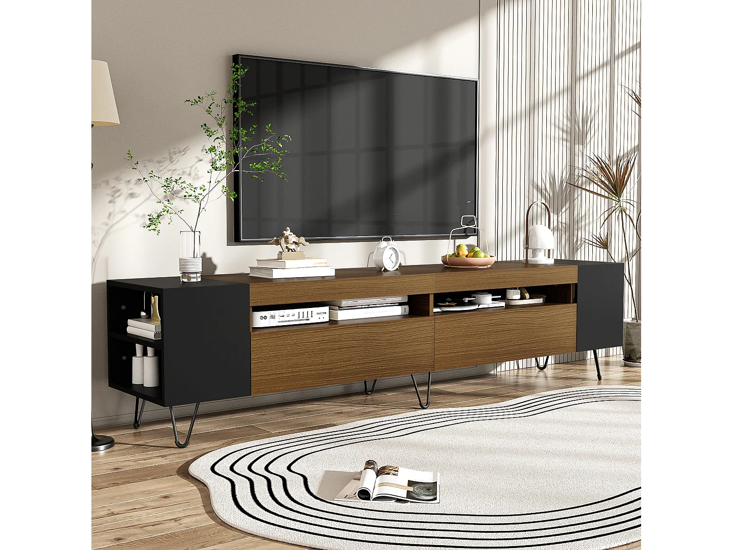 URBAN MEUBLE Meuble TV noir et effet bois 2 porte battantes étagère ouvertes cotés 180*36*43cm