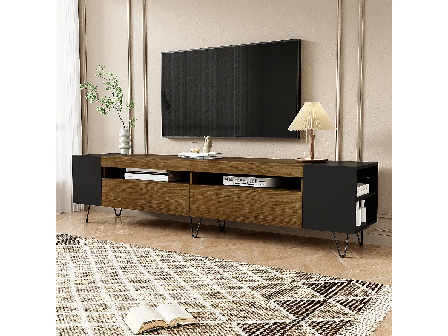 URBAN MEUBLE Meuble TV noir et effet bois 2 porte battantes étagère ouvertes cotés 180*36*43cm